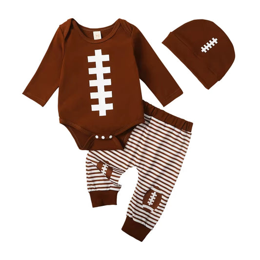 2023-08-02  0-18M Baby Boy Girl Football Outfit Long Sleeve Sweatshirt Romper Rugby Stripe Elastic Pants 3PCS Clothes