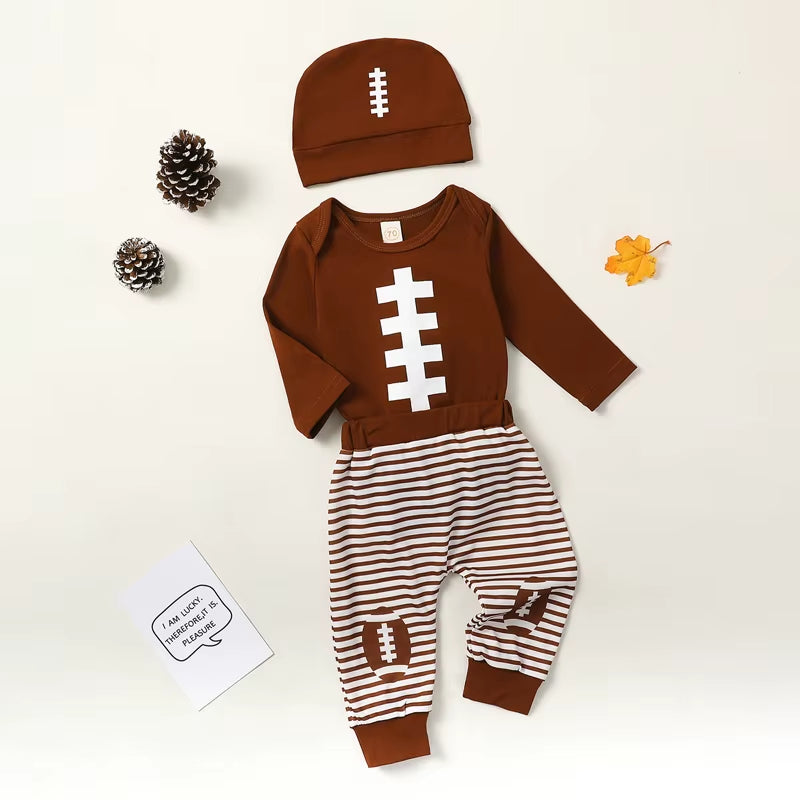 2023-08-02  0-18M Baby Boy Girl Football Outfit Long Sleeve Sweatshirt Romper Rugby Stripe Elastic Pants 3PCS Clothes
