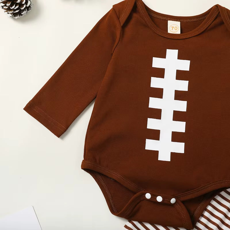 2023-08-02  0-18M Baby Boy Girl Football Outfit Long Sleeve Sweatshirt Romper Rugby Stripe Elastic Pants 3PCS Clothes